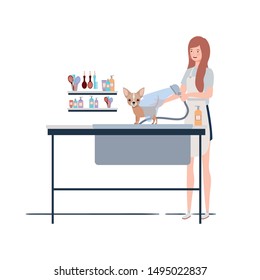 young woman with dog in pet groomer