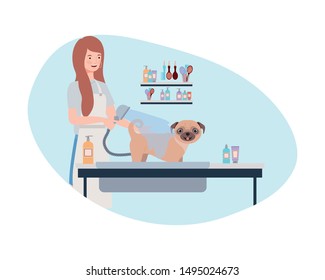 young woman with dog in pet groomer