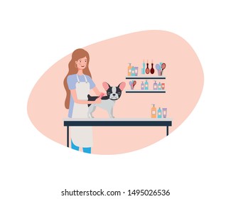 young woman with dog in pet groomer