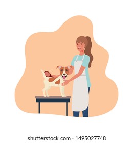 young woman with dog in pet groomer