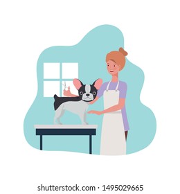 young woman with dog in pet groomer