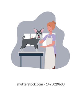 young woman with dog in pet groomer