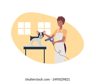 young woman with dog in pet groomer