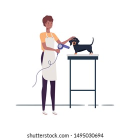 young woman with dog in pet groomer