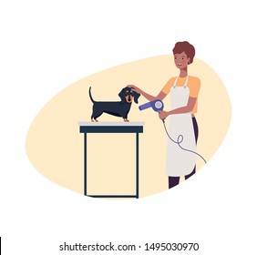 young woman with dog in pet groomer