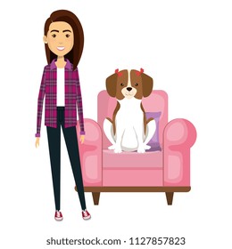 young woman with dog in the sofa characters