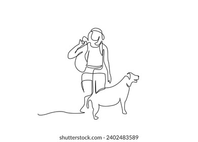 young woman and dog together nature walking hike trekking camp activity peaceful moments backpack life one line art design