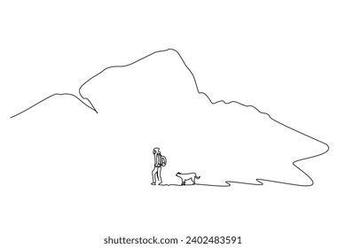 young woman and dog together nature walking hike trekking camp activity peaceful moments backpack life one line art design