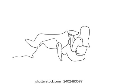 young woman and dog together nature walking hike trekking camp activity peaceful moments backpack life one line art design