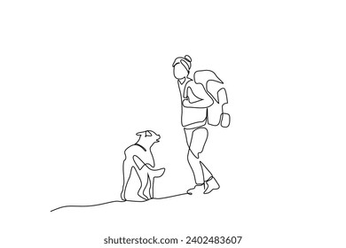 young woman and dog together nature walking hike trekking camp activity peaceful moments backpack life one line art design