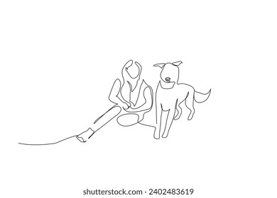 young woman and dog together nature walking hike trekking camp activity peaceful moments backpack life one line art design