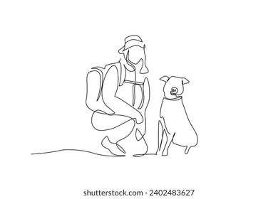 young woman and dog together nature walking hike trekking camp activity peaceful moments backpack life one line art design