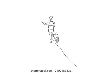 young woman and dog together nature walking hike trekking camp activity peaceful moments backpack life one line art design