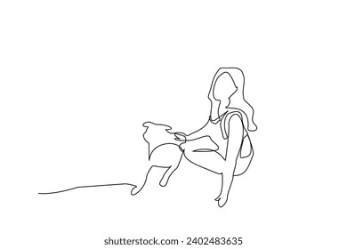 young woman and dog together nature walking hike trekking camp activity peaceful moments backpack life one line art design