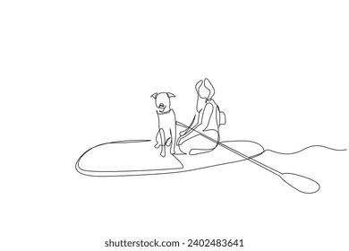 young woman and dog together nature walking hike trekking camp activity peaceful moments backpack life one line art design