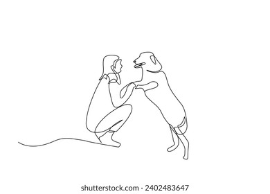 young woman and dog together nature walking hike trekking camp activity peaceful moments backpack life one line art design