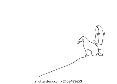 young woman and dog together nature walking hike trekking camp activity peaceful moments backpack life one line art design