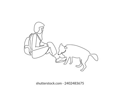 young woman and dog together nature walking hike trekking camp activity peaceful moments backpack life one line art design