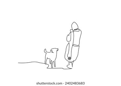 young woman and dog together nature walking hike trekking camp activity peaceful moments backpack life one line art design