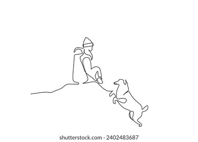 young woman and dog together nature walking hike trekking camp activity peaceful moments backpack life one line art design