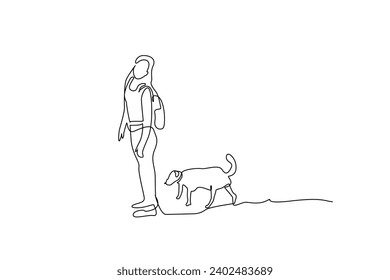 young woman and dog together nature walking hike trekking camp activity peaceful moments backpack life one line art design