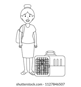 young woman with dog in the transport box characters