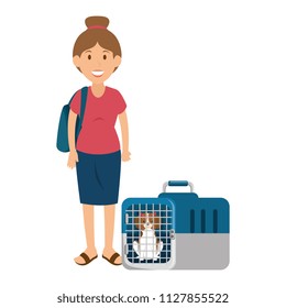 young woman with dog in the transport box characters