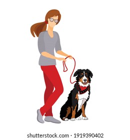 Young woman and dog walk. Pet owner. Vector flat illustration.