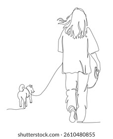Young woman with dog walking away. Back view.  Black and white vector illustration in line art style.