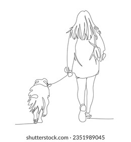 Mujer joven con perro caminando. Vista posterior.  Ilustración vectorial en blanco y negro en estilo de arte en línea.