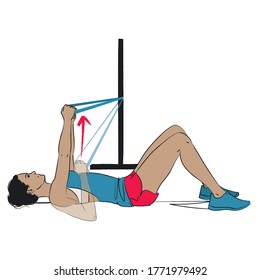 young woman doing arm exercise - supine pallof press using mini resistance band - colour vector series