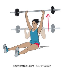 young woman doing arm weights exercise -barbell press seated on floor with legs out straight - colour vector series