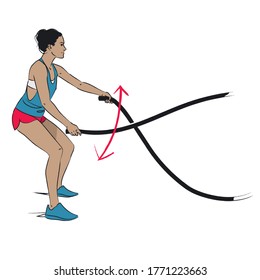 young woman doing arms exercise - battle ropes  with alternate arms - colour vector series