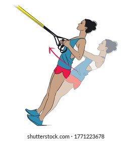 Young Woman Doing Arms Suspension Exercise - Total Resistance Exercise TRX Row - Colour Vector Series