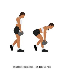 Young woman doing b stance Romanian deadlift with dumbbell for glute exercise. Flat vector illustration isolated on white background