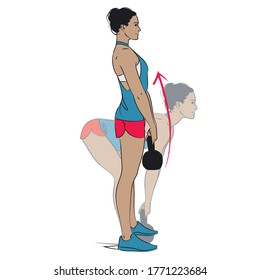 Young Woman Doing Back Exercise With Weights - Kettlebell Deadlift - Colour Vector Series