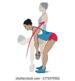 young woman doing back exercise - dumbbell deadlift - colour vector series