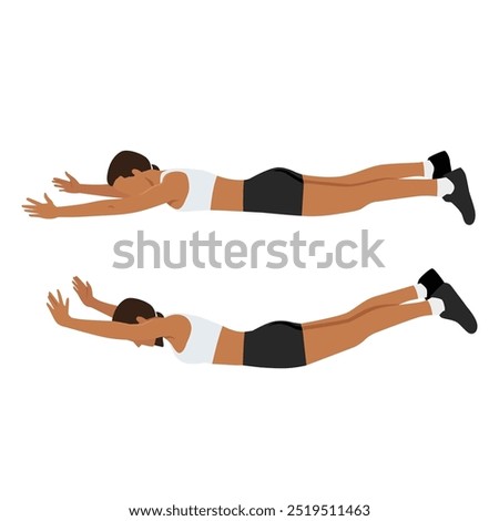 Young woman doing back extension exercise or Cobra lift. Flat vector illustration isolated on white background