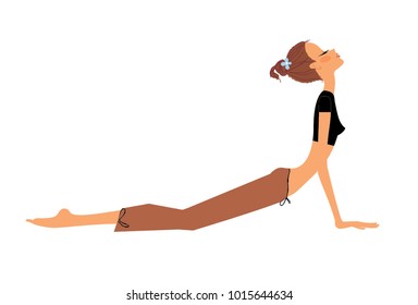 Young woman doing back stretching yoga exercise.