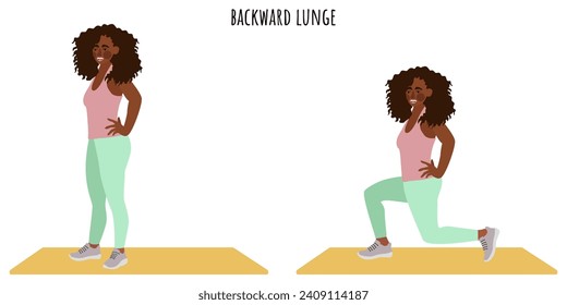 Young woman doing backward lunge exercise. Feminism, self acceptance and liberty. Active lifestyle. Sport, wellness, workout, fitness. Flat vector illustration