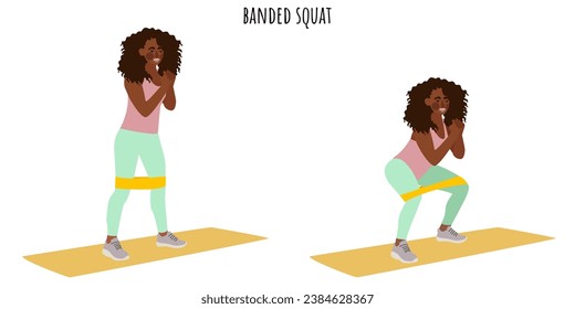 Young woman doing banded squat exercise. Feminism, self acceptance and liberty. Active lifestyle. Sport, wellness, workout, fitness. Flat vector illustration