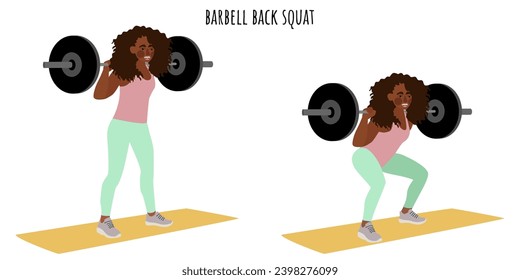 Young woman doing barbell back squat exercise. Feminism, self acceptance and liberty. Active lifestyle. Sport, wellness, workout, fitness. Flat vector illustration