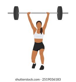 Young woman doing barbell over head and lunging while doing split jerk. Flat vector illustration isolated on white background