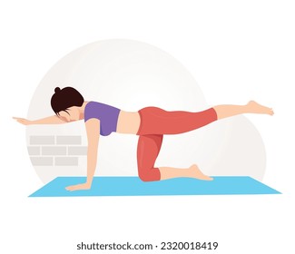 Young woman doing bird dog yoga exercise.