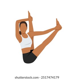 Young woman doing Boat Pose Twist Variation Hands To Feet or Parivrtta Navasana Variation Hands To Feet. Flat vector illustration isolated on white background