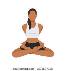 Jovem fazendo Bound Lotus Pose ou exercício de ioga Baddha Padmasana. Ilustração de vetor plano isolada no plano de fundo branco