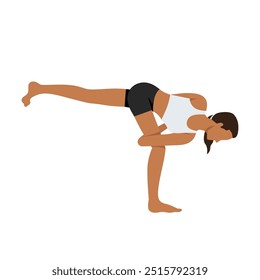 Jovem fazendo Bound Revolved Half Moon Pose ou addha Parivritta Ardha Chandrasana. Ilustração de vetor plano isolada no plano de fundo branco