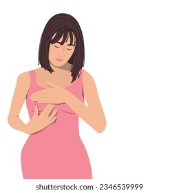 Young woman doing breast self-examination (BSE). Breast Cancer Awareness concept. Vector illustration