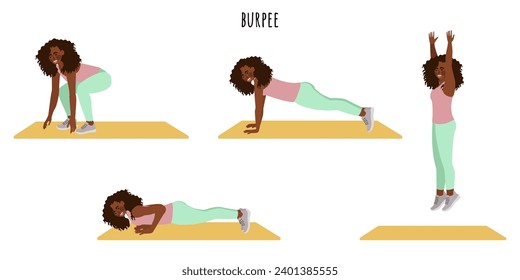 Young woman doing burpee exercise. Feminism, self acceptance and liberty. Active lifestyle. Sport, wellness, workout, fitness. Flat vector illustration