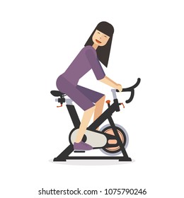 Young woman doing cardio workout using cycle. Vector illustration in a flat style. Logo